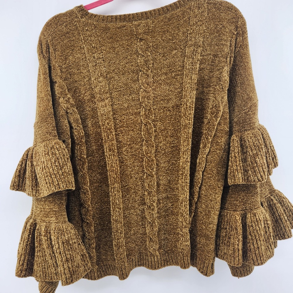 For The Republic Chenille Sweater Brown Cable Knit Tiered Ruffle Bell Sleeve XL - Picture 4 of 5